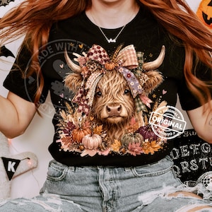 Fall Highland Cow PNG, Autumn Pumpkin Bow, Floral Western Sublimation Design, Thanksgiving Shirt Graphic image 5