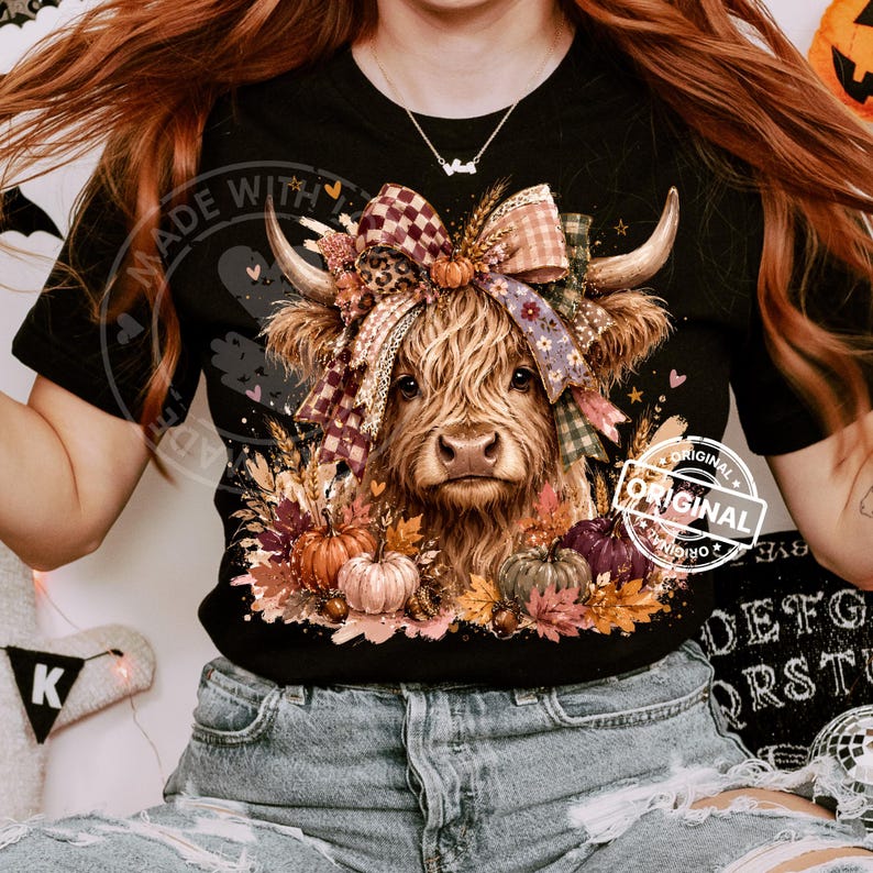 Fall Highland Cow PNG, Autumn Pumpkin Bow, Floral Western Sublimation Design, Thanksgiving Shirt Graphic image 5