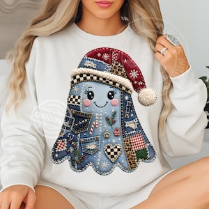 Christmas Denim Ghost PNG, Patchwork Santa Hat, Trendy Winter Sublimation Design for Festive Crafts