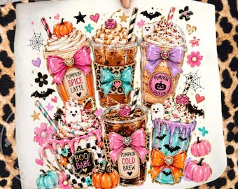 Trendy Summerween Coffee PNG, Coquette Brushstroke Bows, Ghosts Pumpkins Leopard Print Halloween Drinks