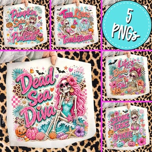 Summerween Skeleton PNG Bundle, Retro Beach Halloween Sublimation, Girly Glam Shirt Graphics Digital Download