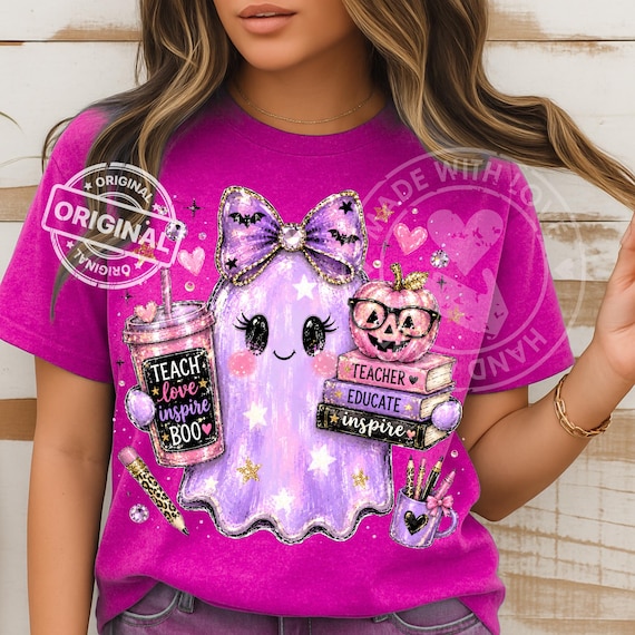 Preppy Halloween Teacher Ghost PNG, Purple Bow, Pumpkin Books Sublimation Design, Brushstroke School Shirt