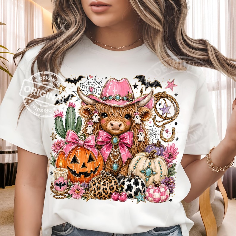 Puede incluir: Camiseta blanca con un dise&ntilde;o de Halloween. Presenta una vaca de las Tierras Altas con un sombrero de vaquero rosa, calabazas, fantasmas y flores. La palabra "ORIGINAL" est&aacute; estampada en la camiseta.