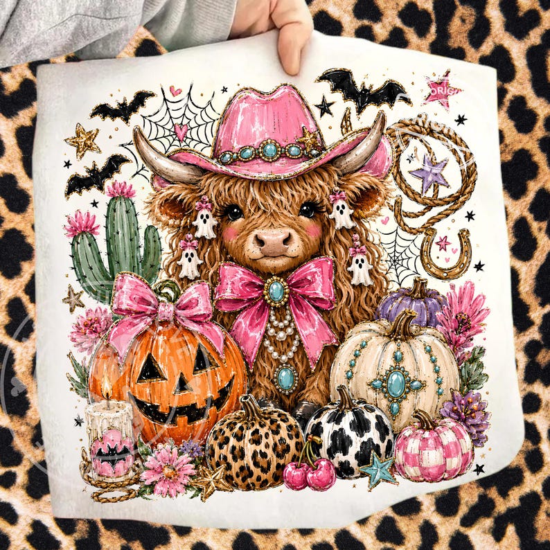 Puede incluir: Un coj&iacute;n cuadrado blanco con una vaca de las Tierras Altas que lleva un sombrero de vaquero rosa, rodeada de calabazas de Halloween, murci&eacute;lagos y fantasmas. La vaca tiene un gran lazo rosa y est&aacute; adornada con joyas turquesas. El dise&ntilde;o incluye un cactus, estrellas y una herradura.