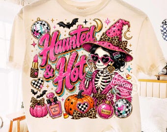 Haunted Hot Glam Skeleton Witch, Pink Leopard Halloween PNG-sublimatie, shirtontwerp kunst downloaden