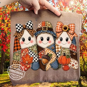 Trío de fantasmas de patchwork otoñal PNG, diseño rústico de granja para sublimación de otoño, calabazas, lazos y hojas de Acción de Gracias