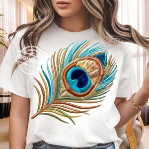 PNG de pena de pavão boho, patchwork metálico, estilo bordado, design colorido e moderno para camisetas, download para impressão.