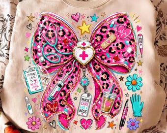 Adrette Pinselstrich Leopard Krankenschwester Bogen PNG, Pink Medizinisches Kokette Apotheke Shirt Design, Sublimation Download