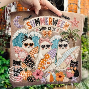 May include: A brown square pillow with a "Summerween Surf Club" design. The design features three ghost characters with surfboards, waves, and a palm tree. Additional elements include a crescent moon, bats, and a starfish.