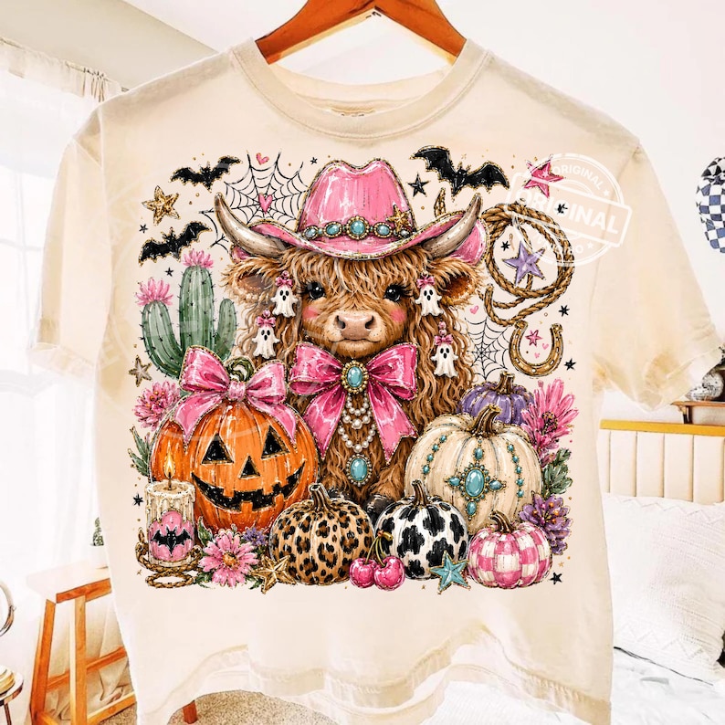 Puede incluir: Camiseta color crema con un dise&ntilde;o tem&aacute;tico de Halloween. El dise&ntilde;o incluye una vaca con un sombrero de vaquero rosa, rodeada de calabazas, murci&eacute;lagos y flores. La vaca tiene un lazo rosa y un collar de perlas. La camiseta est&aacute; colgada en una percha de madera.