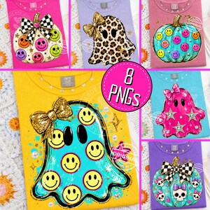Preppy Halloween PNG Bundle, Glitter Ghosts, Pumpkins Bows, Smiley Faces, Leopard Checker Sublimation Designs