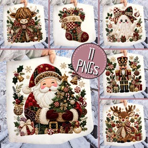 May include: A collection of 11 digital PNG files featuring Christmas-themed illustrations including a Highland cow, a patterned stocking, a ghost, Santa Claus holding a tree, a nutcracker, and a reindeer, all decorated with festive holiday motifs.