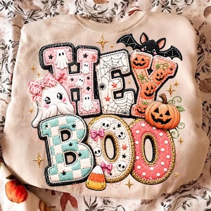 Hey Boo Halloween PNG, diseño de camiseta de sublimación de fantasma, calabaza y murciélago con patchwork de colcha, descarga digital