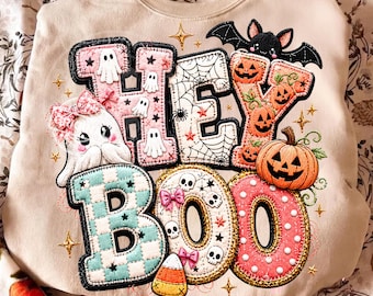 Hey Boo Halloween PNG, diseño de camiseta de sublimación de fantasma, calabaza y murciélago con patchwork de colcha, descarga digital