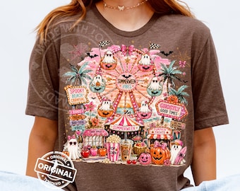 Preppy Summerween PNG, Ghost Beach Carnival, Pumpkin Halloween Sublimation Design, Trendy Fair Ferris Wheel