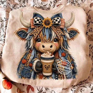 May include: A beige sweatshirt featuring a graphic of a Highland cow with shaggy fur, wearing a denim-patterned bow with a sunflower and leopard print accents. The cow holds a coffee cup with a leopard print heart and is surrounded by autumn leaves.