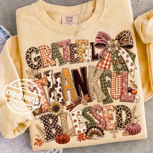 Grateful Thankful Blessed PNG, Fall Patchwork, Leopard Bow, Coquette Pumpkin, Thanksgiving Sublimation Design Download