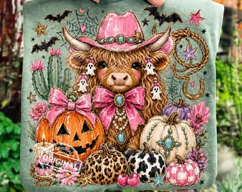 Vaca de las Tierras Altas de Halloween estilo occidental PNG, fantasma de calabaza rosa, diseño de camiseta de sublimación de vaquera, imágenes prediseñadas digitales