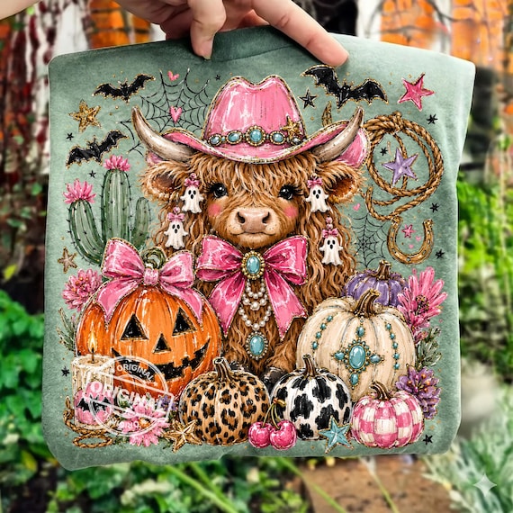 Western Halloween Highland Cow PNG, Pink Pumpkin Ghost, Cowgirl Sublimation Shirt Design, Digital Clipart