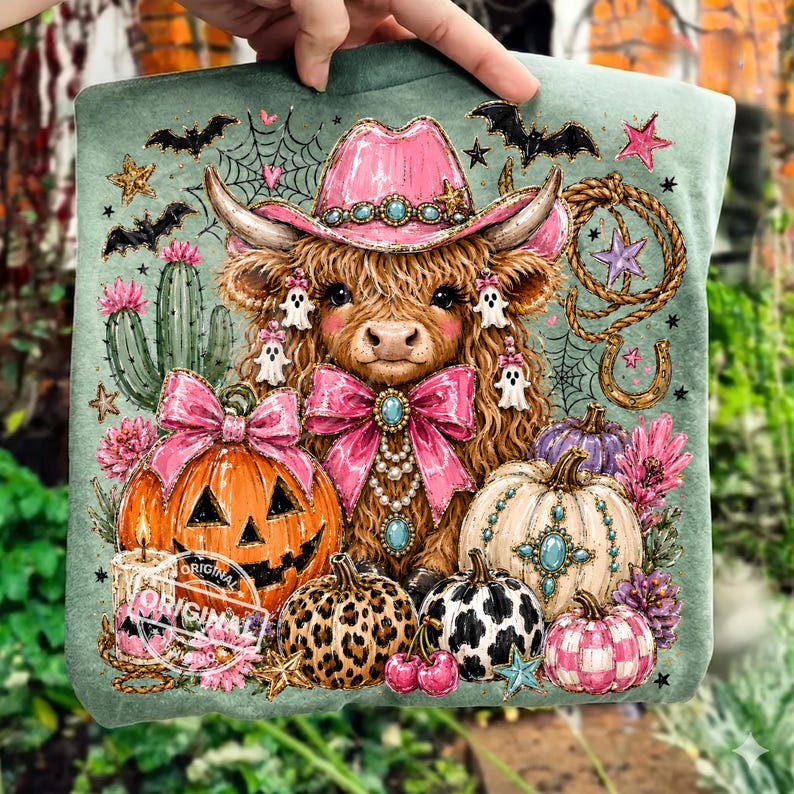 Puede incluir: Un bolso tote verde con una ilustraci&oacute;n caprichosa de una vaca de las Tierras Altas con un sombrero de vaquero rosa, rodeada de calabazas, murci&eacute;lagos y decoraciones de Halloween. El dise&ntilde;o incluye el texto "ORIGINAL".
