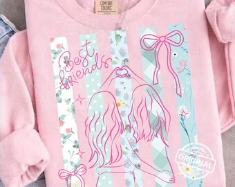 Best Friends Matching Girls PNG, Preppy Floral Stripe, Bestie Line Art Design, Digital Download