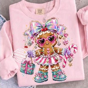 Preppy Iridescent Gingerbread Girl Christmas PNG, Coquette Bow, Candy Cane Holiday Sublimation Shirt Design