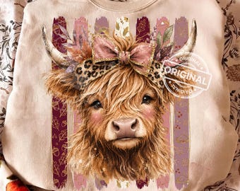 Highland Cow Fall PNG, Pink Bow Autumn Sublimation Design, Floral Farmhouse Shirt Graphic Download