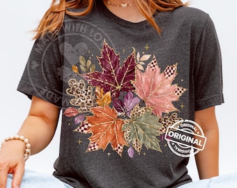 Glitter Fall Leaves PNG, Autumn Maple Leopard Checker Brushstroke Sublimation Shirt Design Clipart Download