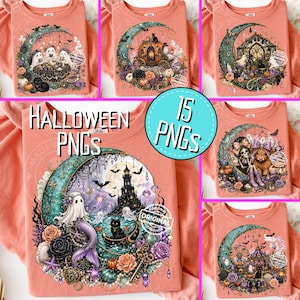May include: A collection of 15 digital graphic designs printed on peach-colored t-shirts, featuring intricate illustrations of crescent moons, ghosts, black cats, pumpkins, and various Halloween-themed scenes with the text HALLOWEEN PNGS 15 PNGS.