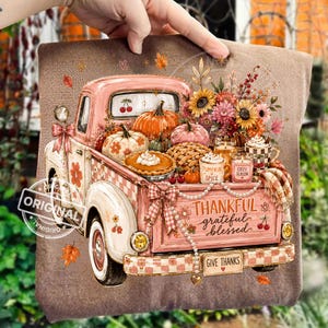 Pink Pumpkin Truck Thanksgiving PNG, Grateful Blessed Fall Clipart, Messy Brushstroke Shirt Design
