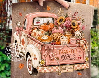 Pink Pumpkin Truck Thanksgiving PNG, Grateful Blessed Fall Clipart, Messy Brushstroke Shirt Design
