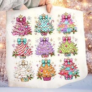 May include: A white fabric surface featuring a grid of nine illustrated Christmas trees. Each tree displays unique patterns including leopard print, checkered, striped, polka dot, and star designs in vibrant colors like pink, teal, purple, and orange.
