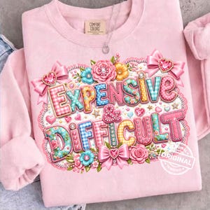 May include: A light pink sweatshirt with the words "EXPENSIVE & DIFFICULT" in colorful, decorative lettering. The design includes bows, hearts, and floral accents. The sweatshirt has long sleeves and a crew neck.