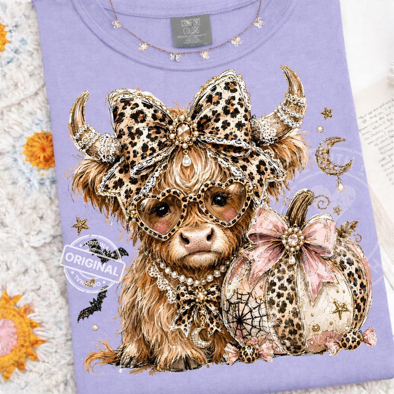 Leopard Highland Cow, Halloween PNG, Pumpkin Bow Sublimation, Trendy Spooky Fall Shirt Design Clipart image 5