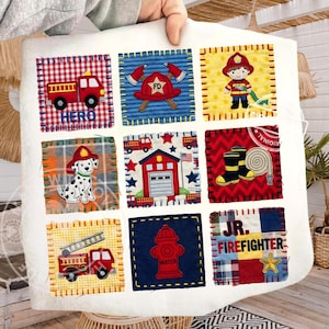 May include: A white square fabric with nine colorful patchwork squares featuring fire department themes. Designs include a fire truck, firefighter, Dalmatian, firehouse, boots, hose, and a fire hydrant. Text includes "HERO" and "JR. FIREFIGHTER".
