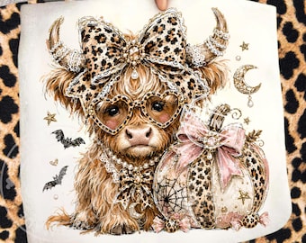 Leopard Highland Cow, Halloween PNG, Pumpkin Bow Sublimation, Trendy Spooky Fall Shirt Design Clipart