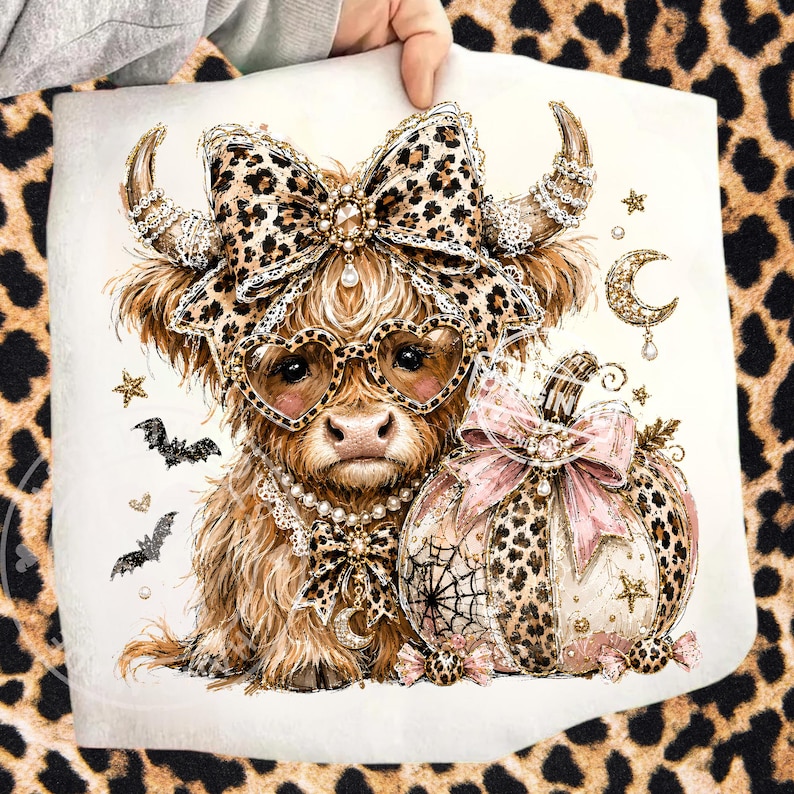 May include: A white fabric transfer featuring a fluffy brown Highland cow wearing heart-shaped leopard print glasses, a large leopard print bow, and a pearl necklace. Beside the cow is a pumpkin with a pink bow, spiderwebs, bats, and stars.