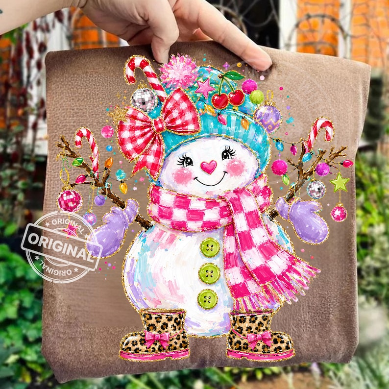 Girly Christmas Snowman PNG, Pink Coquette Bow, Leopard Boots Sublimation, Holiday Shirt Design Download image 1