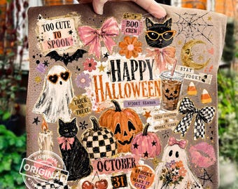 Happy Halloween Pink Pumpkin, Ghost Cat Bow Sublimation PNG, Retro Spooky Collage Shirt Design