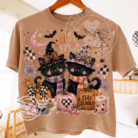 Spooky Cat PNG, Halloween Witch Pumpkins, Coquette Bows, Retro Brushstroke Girly Shirt Design Download