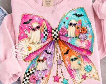 Summerween Ghost Bow PNG, Girly Beach Halloween, Coquette Checkered Brushstroke Sublimation Design, Trendy Transfers