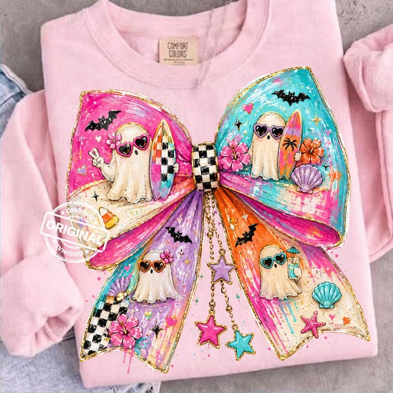 Summerween Ghost Bow PNG, Girly Beach Halloween, Coquette Checkered Brushstroke Sublimation Design, Trendy Transfers