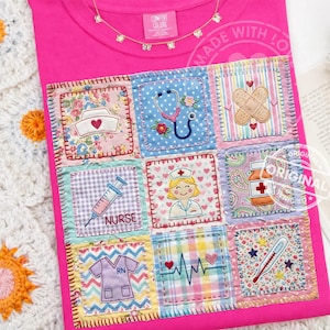 Trendy verpleegkundige patchwork png, preppy gewatteerd medisch ontwerp, retro bloemen RN-sublimatie download