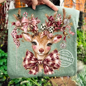 Coquette Christmas Reindeer PNG, Girly Bow Deer Sublimation Design, Preppy Holiday Shirt, Instant Download