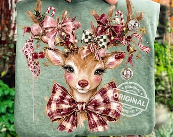 Coquette Christmas Reindeer PNG, Girly Bow Deer Sublimation Design, Preppy Holiday Shirt, Instant Download