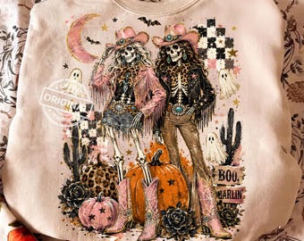 Western Halloween Skeleton Cowgirls PNG, Pink Pumpkin Ghost Sublimation, Spooky Cowgirl Shirt Design Download