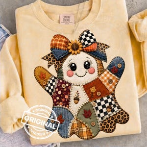 PNG de fantasma de patchwork otoñal, lazo acolchado estilo cottagecore, clipart de sublimación de otoño con estampado de leopardo y tablero de ajedrez, descarga de diseño