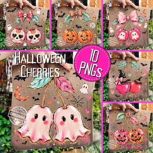 Halloween Cherry Ghost, Pumpkin Skull, Witch Bow, Retro Girly PNG Sublimation Clipart Bundle Set