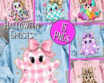 May include: A collection of 15 digital graphic designs featuring cartoon ghosts with large eyes and bows, displayed on various colored sweatshirts. The text HALLOWEEN GHOSTS and 15 PNGS is visible in the center of the image over the ghost designs.