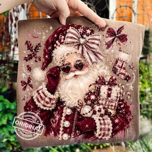 Coquette Santa PNG, Burgundy Checker Bow, Christmas Sublimation Art, Glitter Boutique Holiday Clipart Design